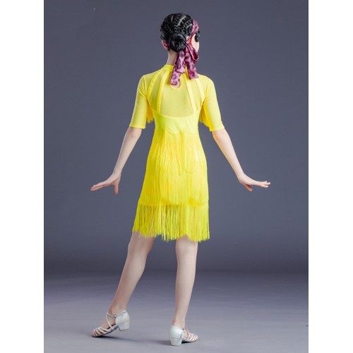 Children yellow fringed latin dance dresses girls fringed latin dance skirt kids Latin dance performance examination skirt